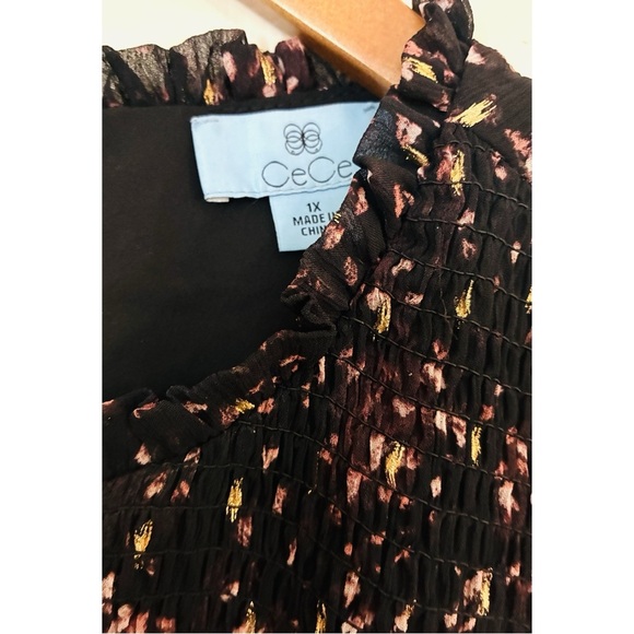 CeCe Black Metallic Gold Smocked Chiffon Dressy Office Blouse Top 1X XL - Picture 3 of 8
